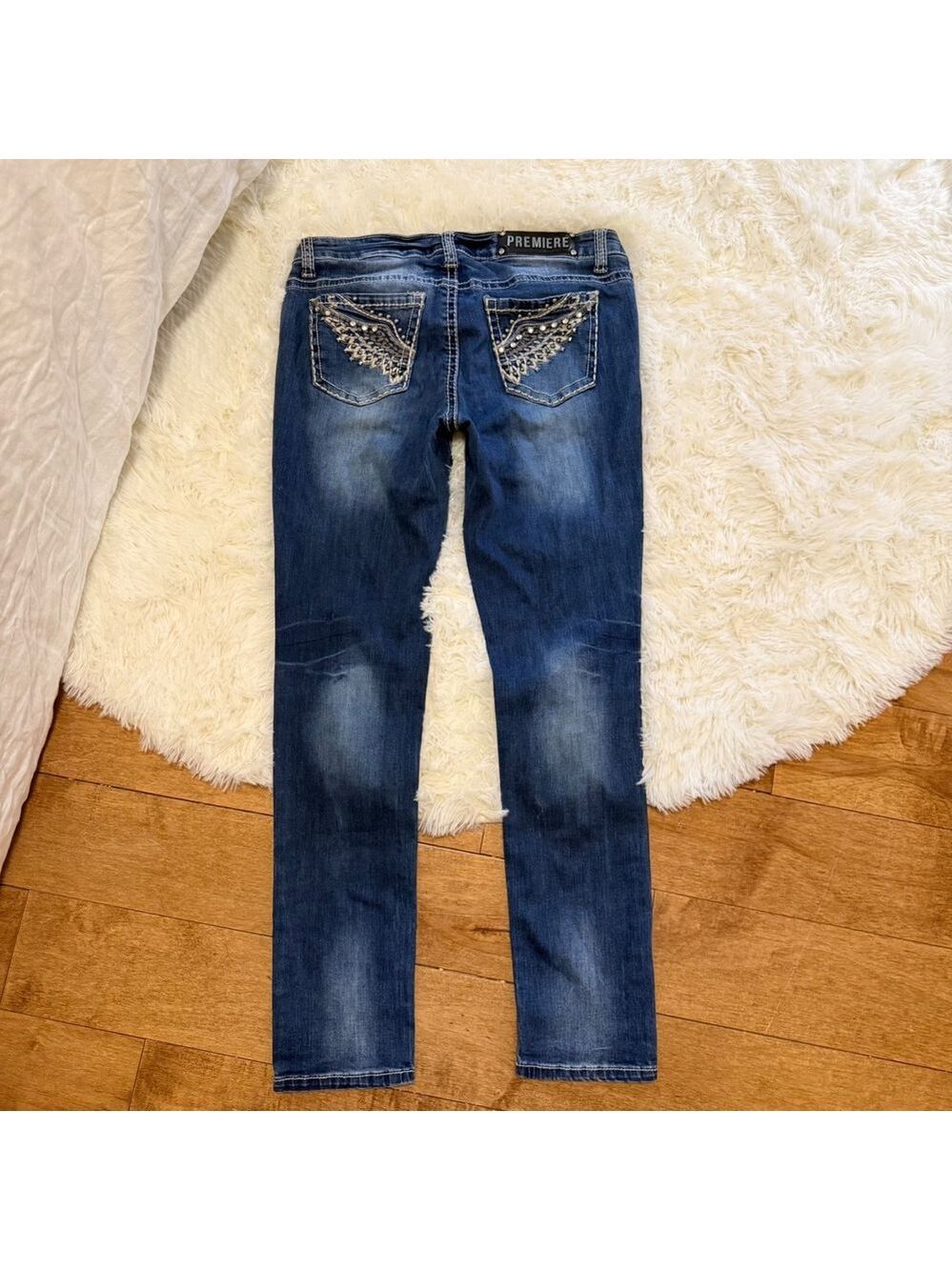 Womens Premiere by rue21 Skinny Jeans Y2K McBling Rhinestone Wing Blue Size 9/10